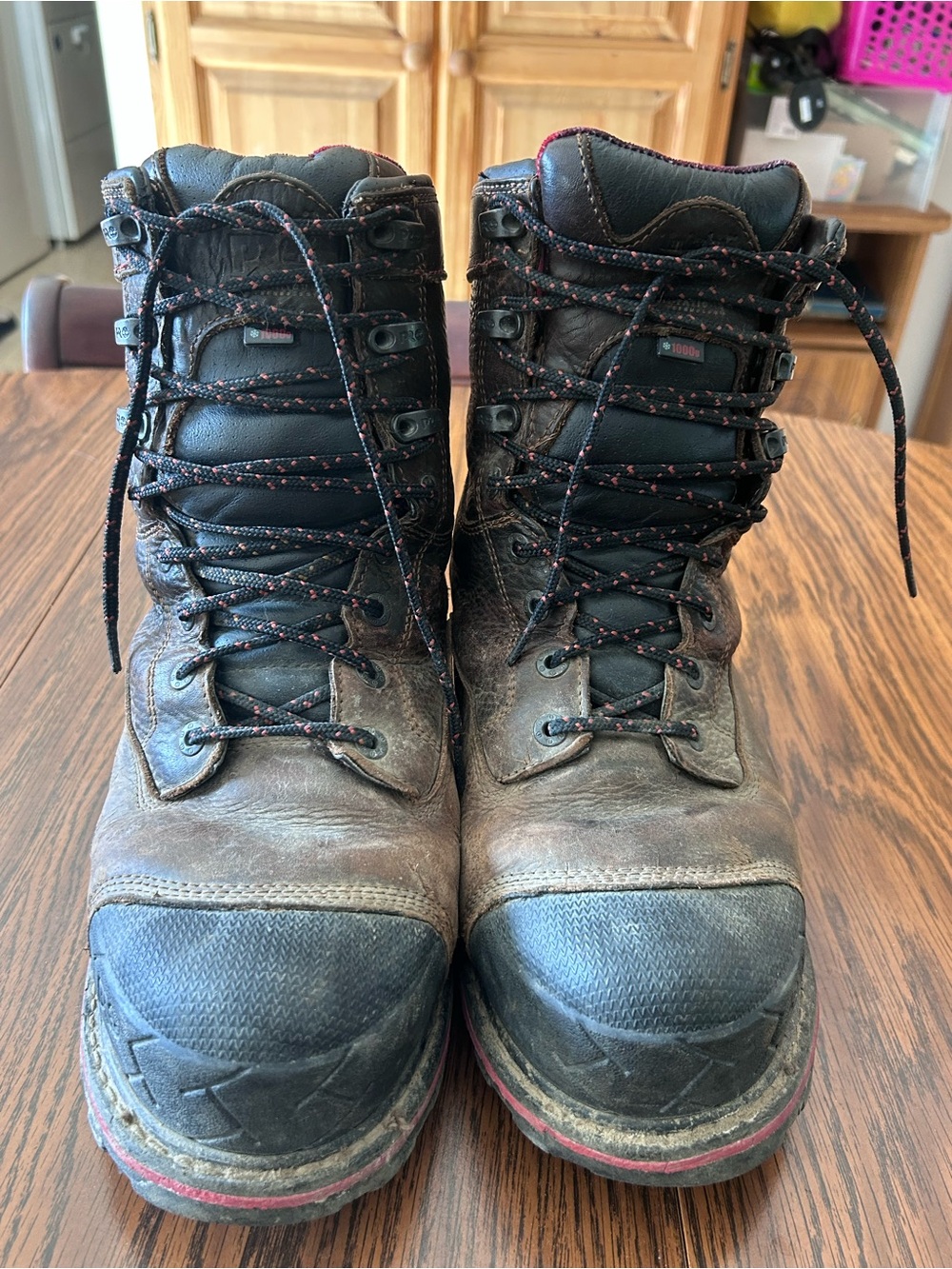 Timberland Brown and Black Work Boots with Red Lacing Detail